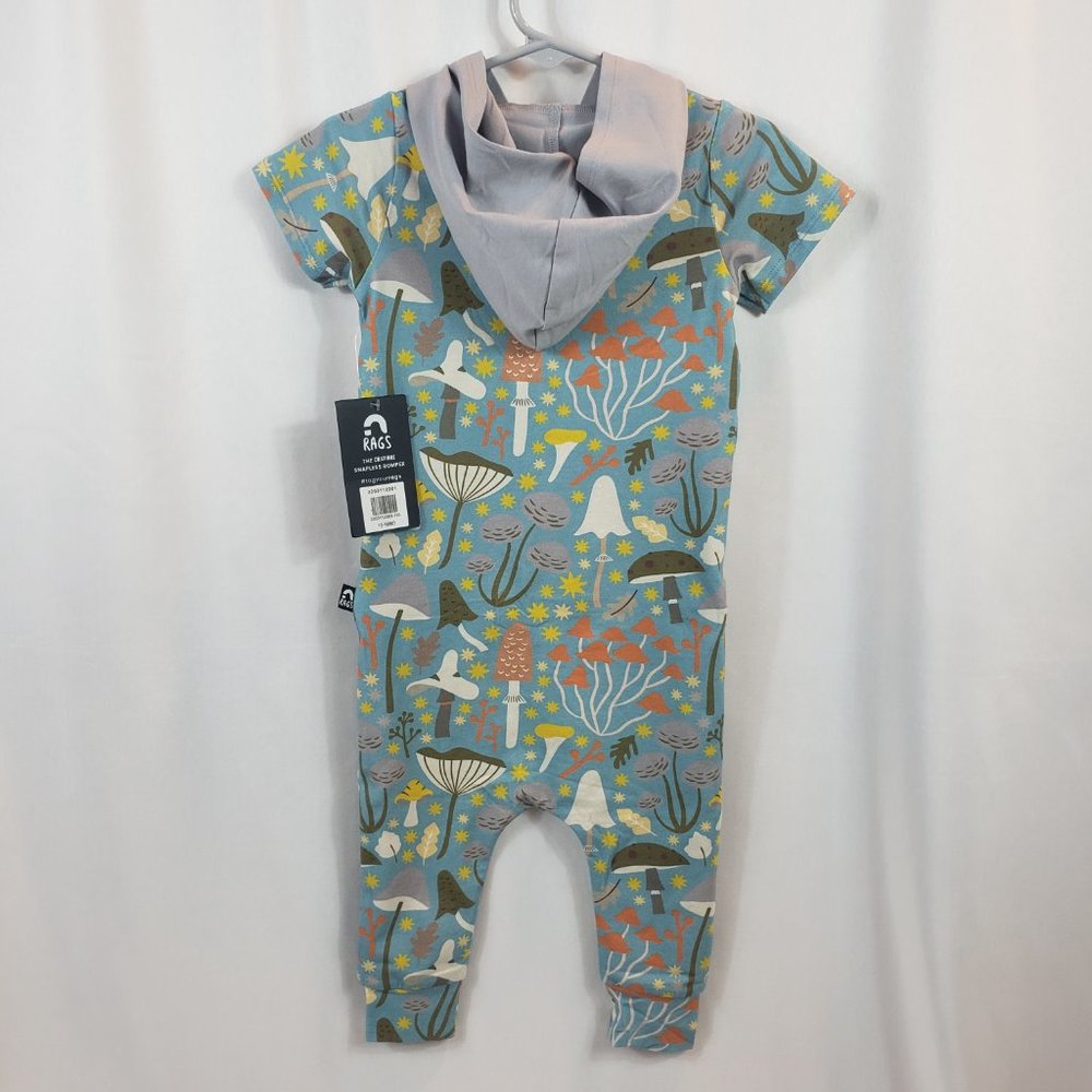 RAGS Short Sleeved Hooded Blue Romper with Printed Mushrooms, & Kangaroo Pocket - Picture 2 of 9